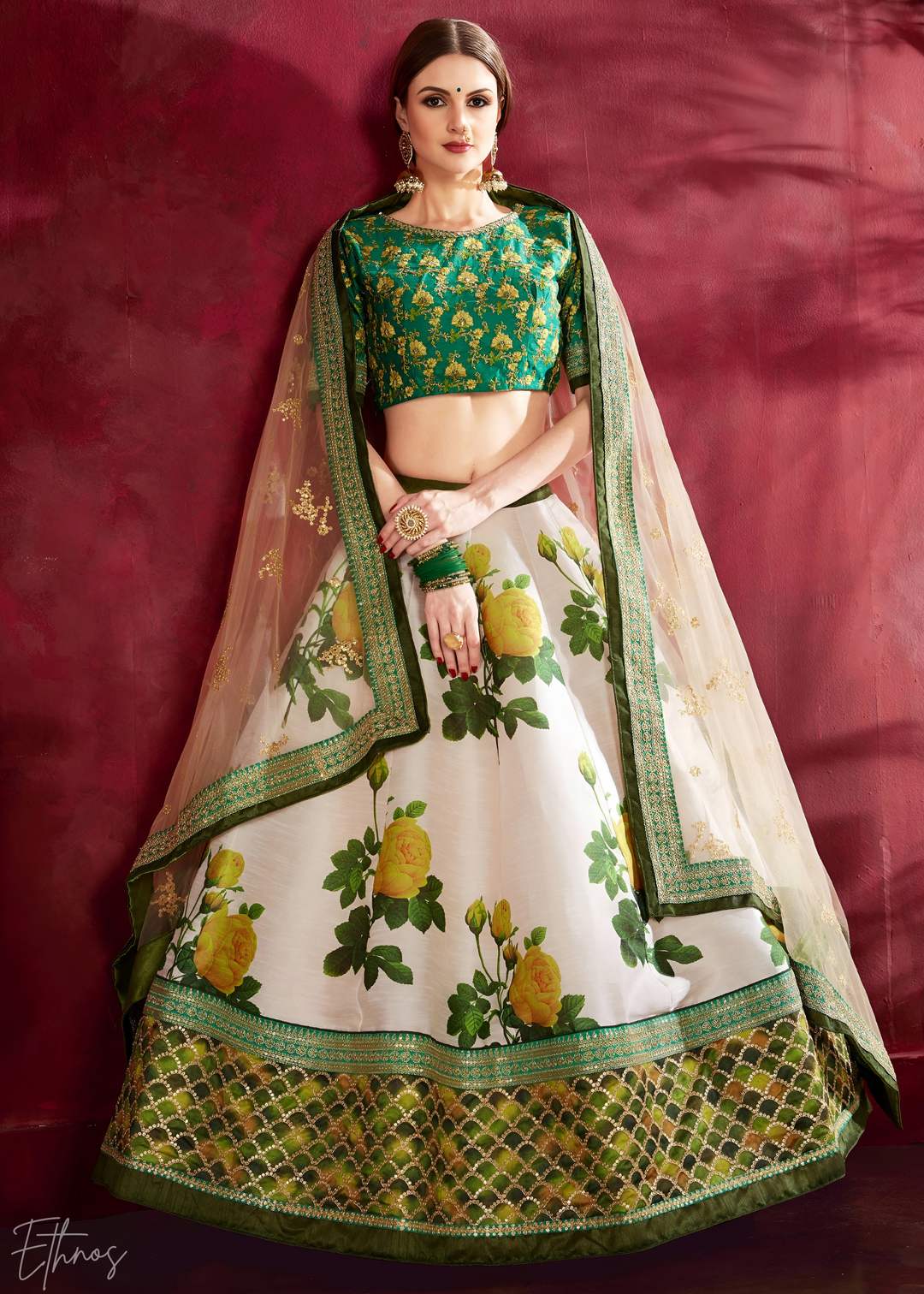Cream & Emerald Zari Rose Silk Lehenga