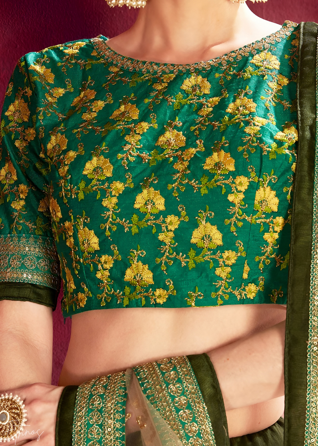 Cream & Emerald Zari Rose Silk Lehenga