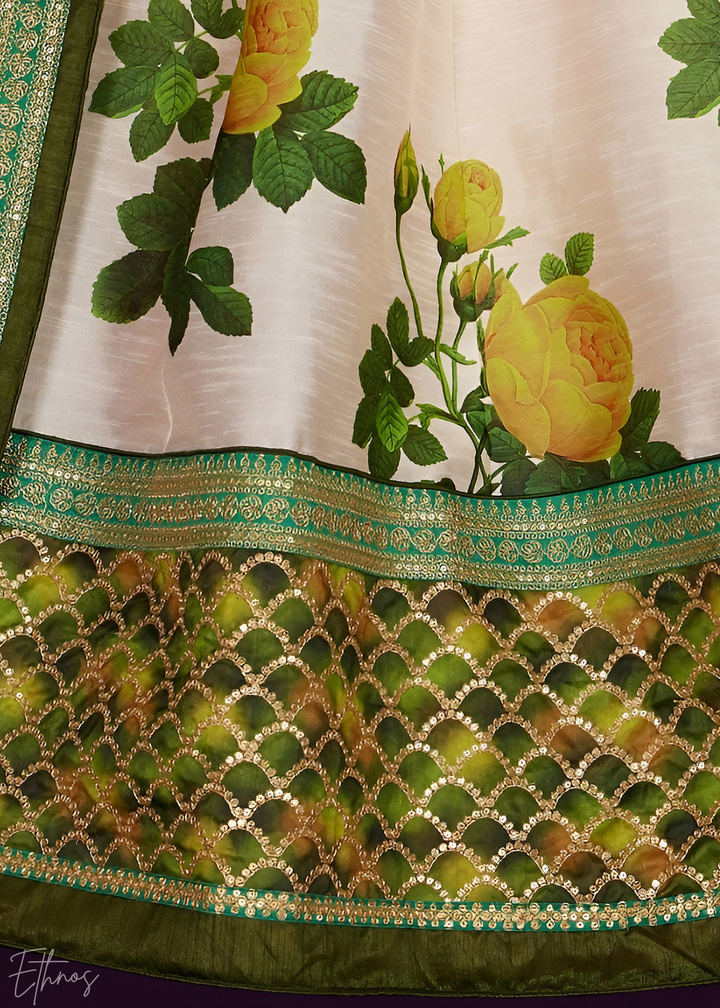 Cream & Emerald Zari Rose Silk Lehenga