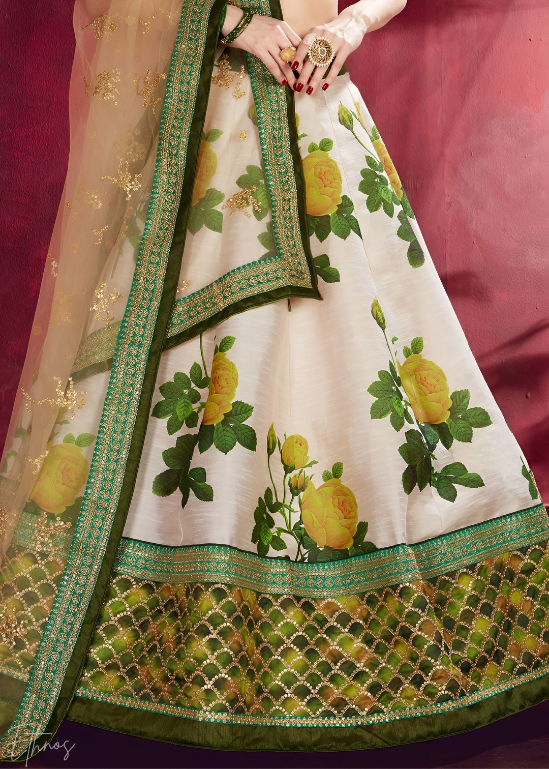 Cream & Emerald Zari Rose Silk Lehenga