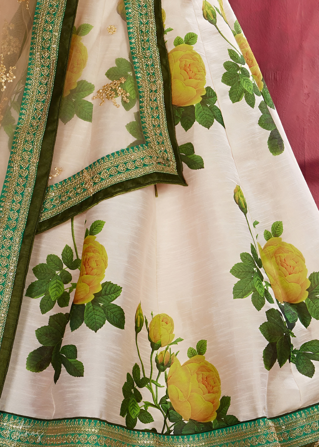 Cream & Emerald Zari Rose Silk Lehenga