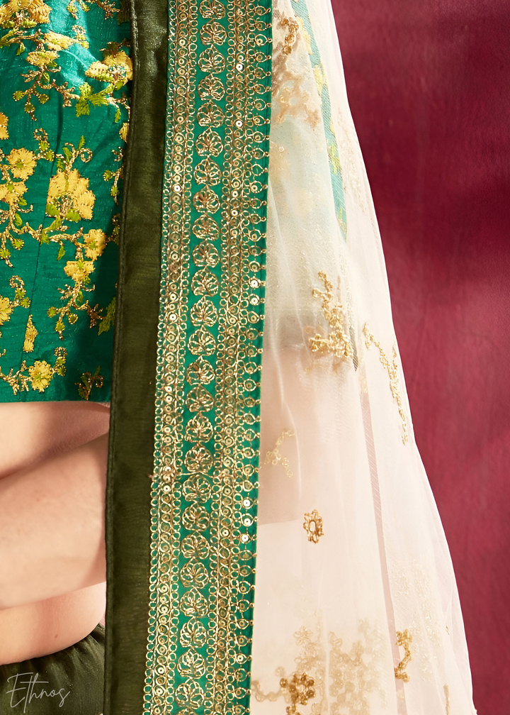 Cream & Emerald Zari Rose Silk Lehenga
