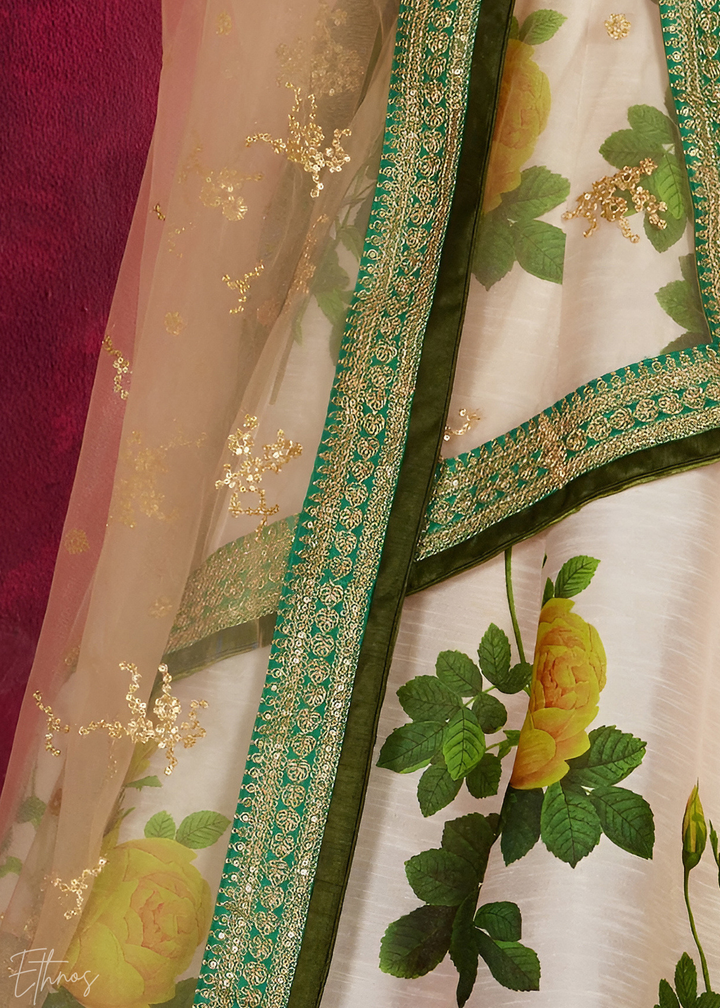 Cream & Emerald Zari Rose Silk Lehenga