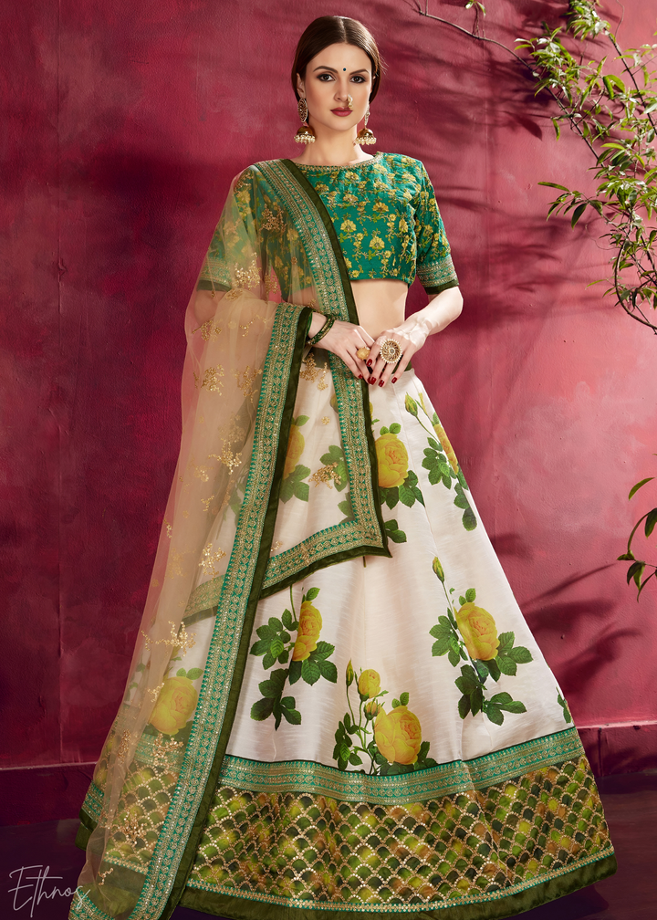 Cream & Emerald Zari Rose Silk Lehenga