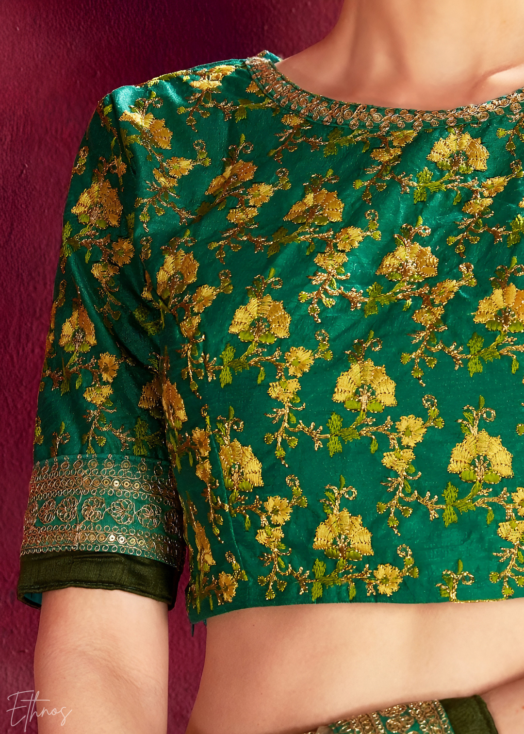 Cream & Emerald Zari Rose Silk Lehenga