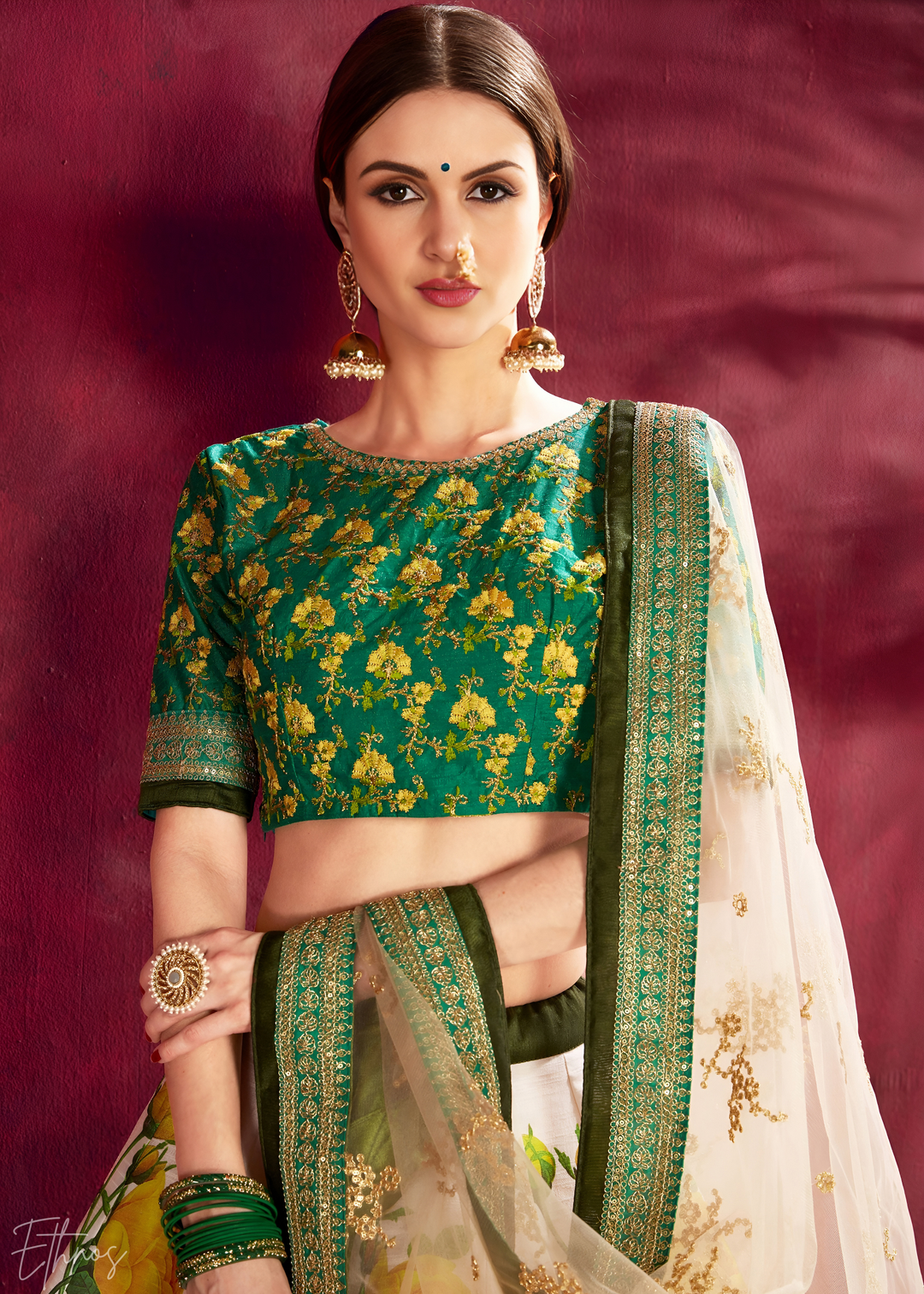 Cream & Emerald Zari Rose Silk Lehenga