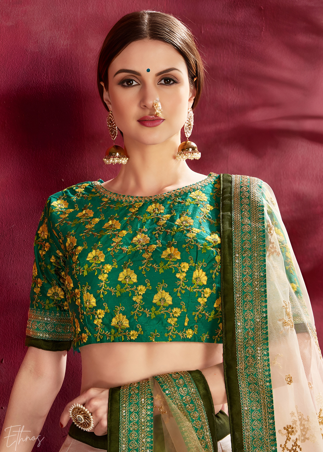 Cream & Emerald Zari Rose Silk Lehenga