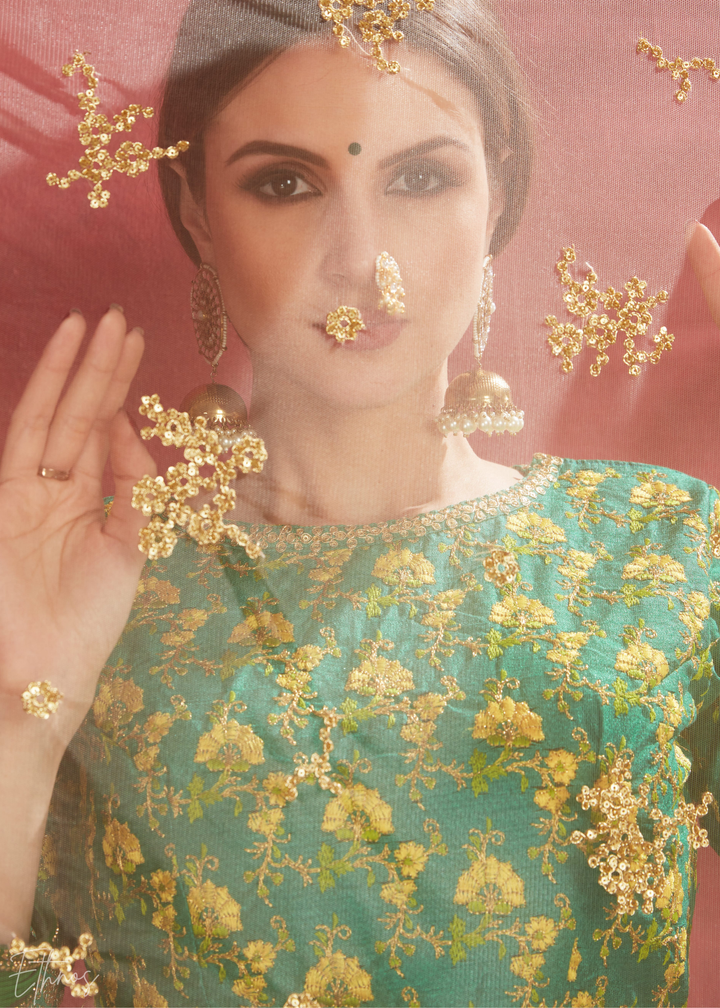 Cream & Emerald Zari Rose Silk Lehenga