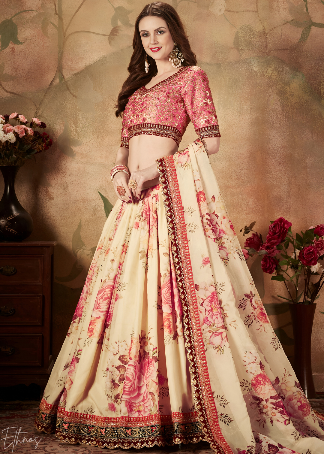 Cream Beige Garden Floral Printed Organza Lehenga