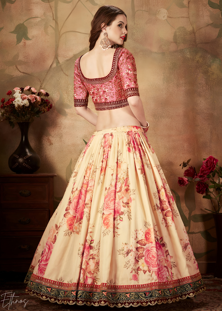 Cream Beige Garden Floral Printed Organza Lehenga