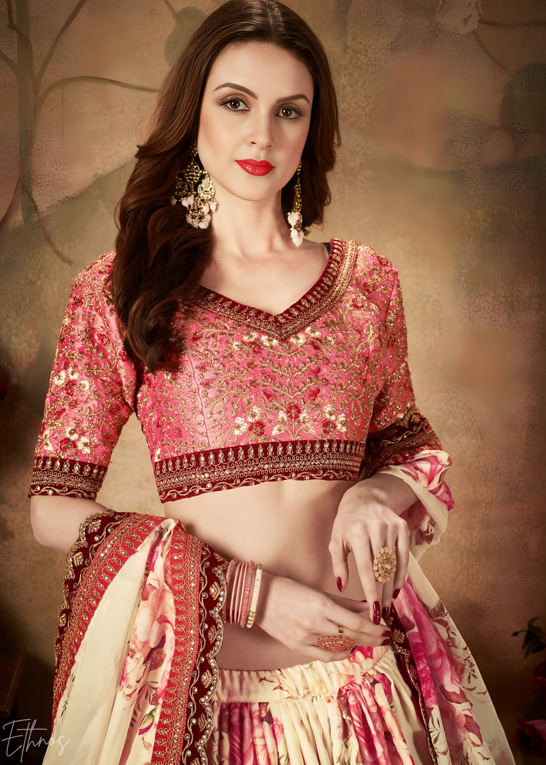 Cream Beige Garden Floral Printed Organza Lehenga