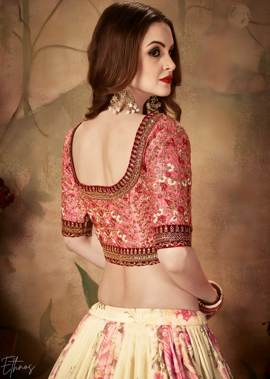 Cream Beige Garden Floral Printed Organza Lehenga