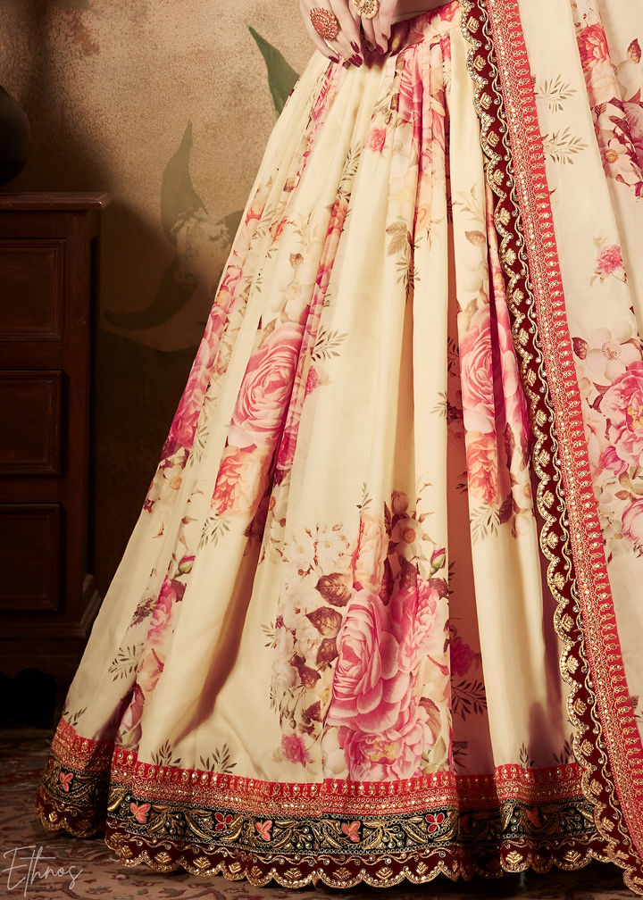 Cream Beige Garden Floral Printed Organza Lehenga
