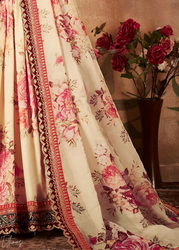 Cream Beige Garden Floral Printed Organza Lehenga