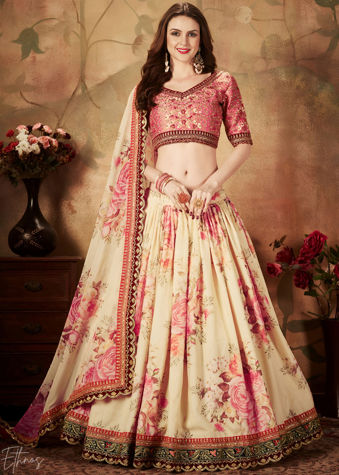 Cream Beige Garden Floral Printed Organza Lehenga
