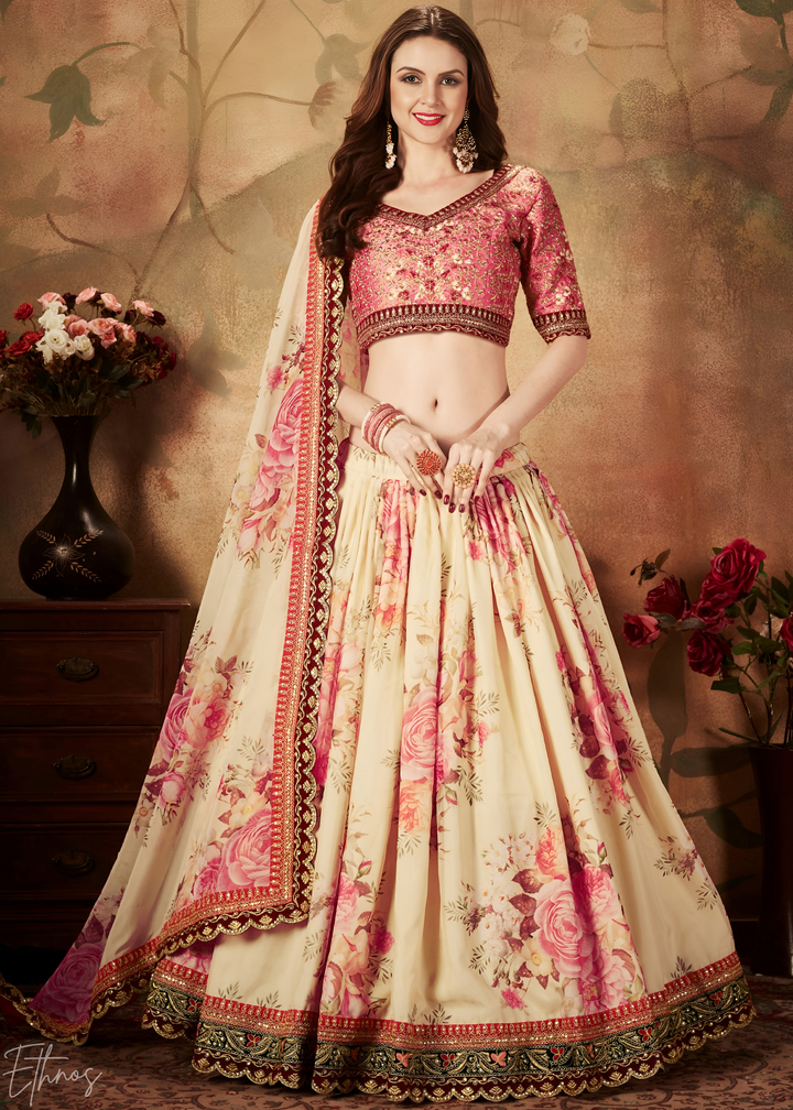 Cream Beige Garden Floral Printed Organza Lehenga
