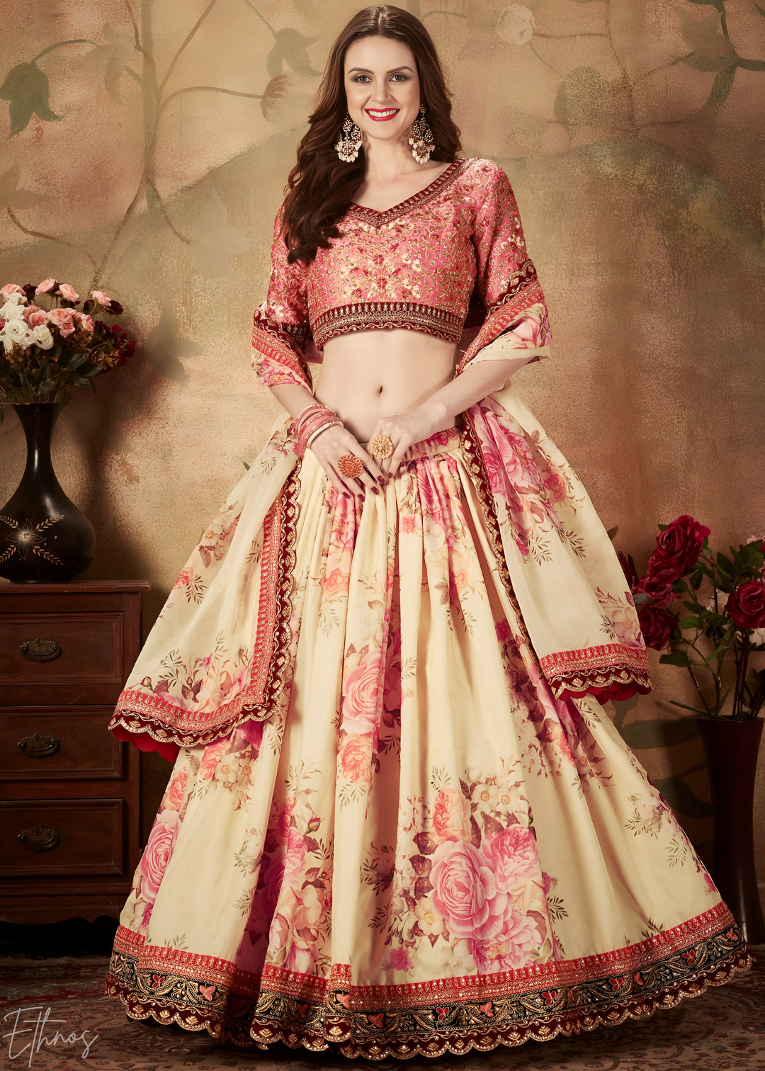 Cream Beige Garden Floral Printed Organza Lehenga
