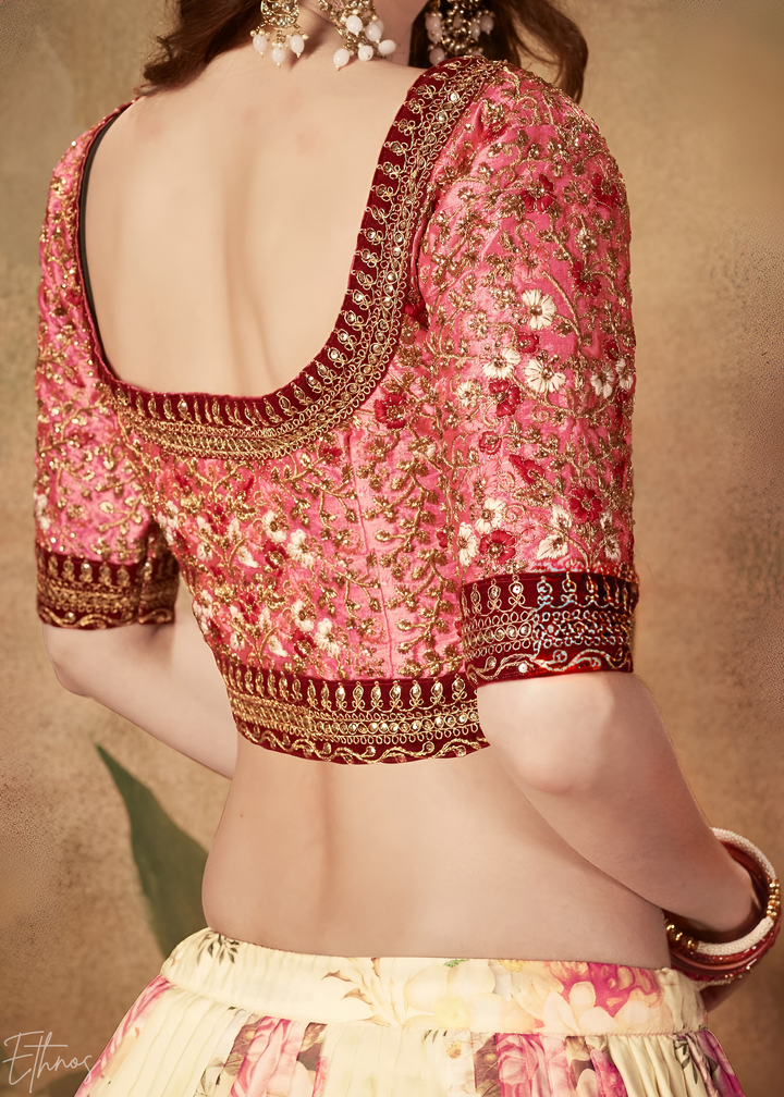 Cream Beige Garden Floral Printed Organza Lehenga