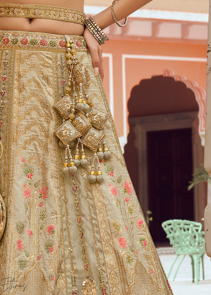 Cream Beige Paisley Weave Banarasi Silk Lehenga Choli