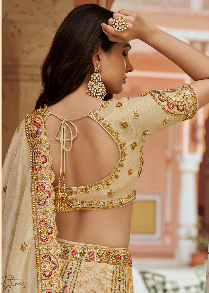 Cream Beige Paisley Weave Banarasi Silk Lehenga Choli