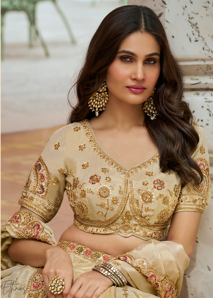 Cream Beige Paisley Weave Banarasi Silk Lehenga Choli