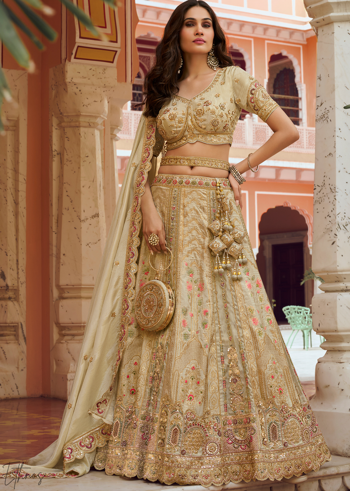 Cream Beige Paisley Weave Banarasi Silk Lehenga Choli