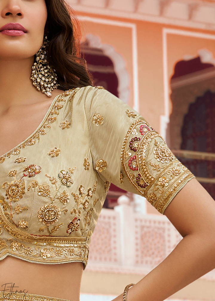 Cream Beige Paisley Weave Banarasi Silk Lehenga Choli