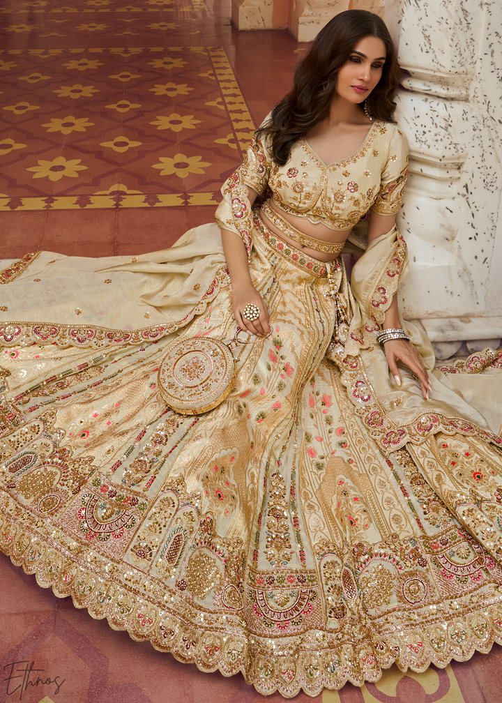 Cream Beige Paisley Weave Banarasi Silk Lehenga Choli
