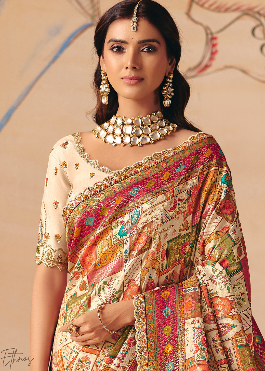 Cream Madhubani Dola Silk Saree