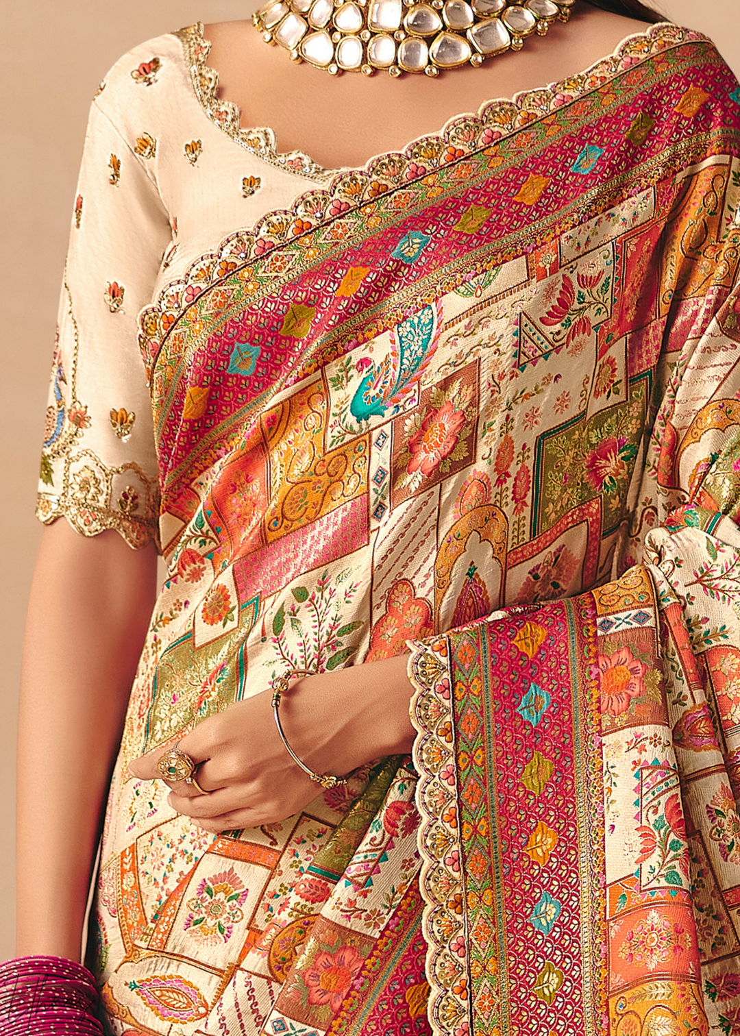 Cream Madhubani Dola Silk Saree