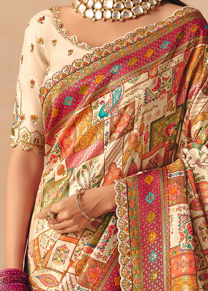 Cream Madhubani Dola Silk Saree