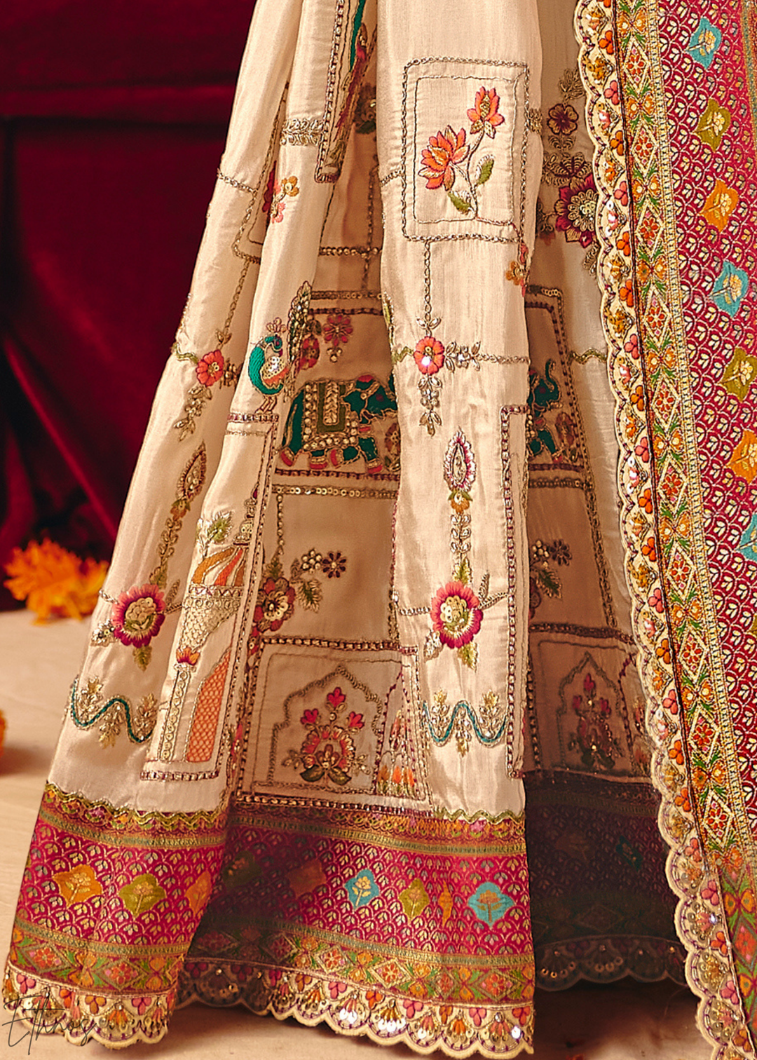 Cream Madhubani Dola Silk Saree