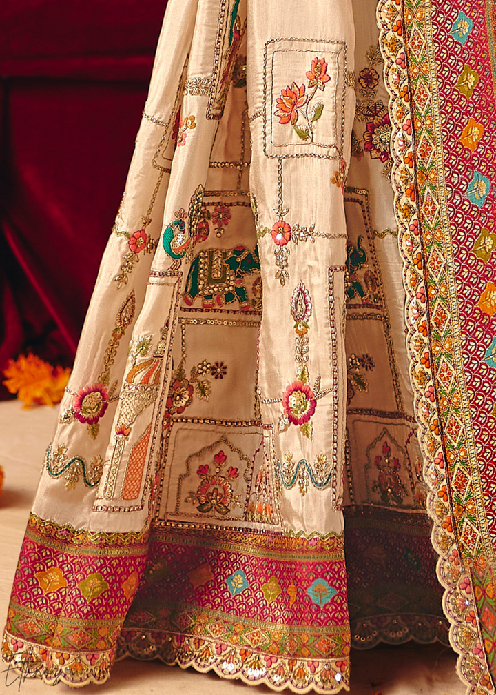 Cream Madhubani Dola Silk Saree