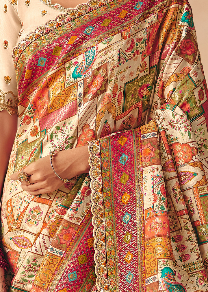 Cream Madhubani Dola Silk Saree