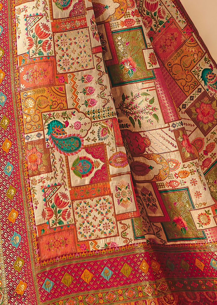 Cream Madhubani Dola Silk Saree