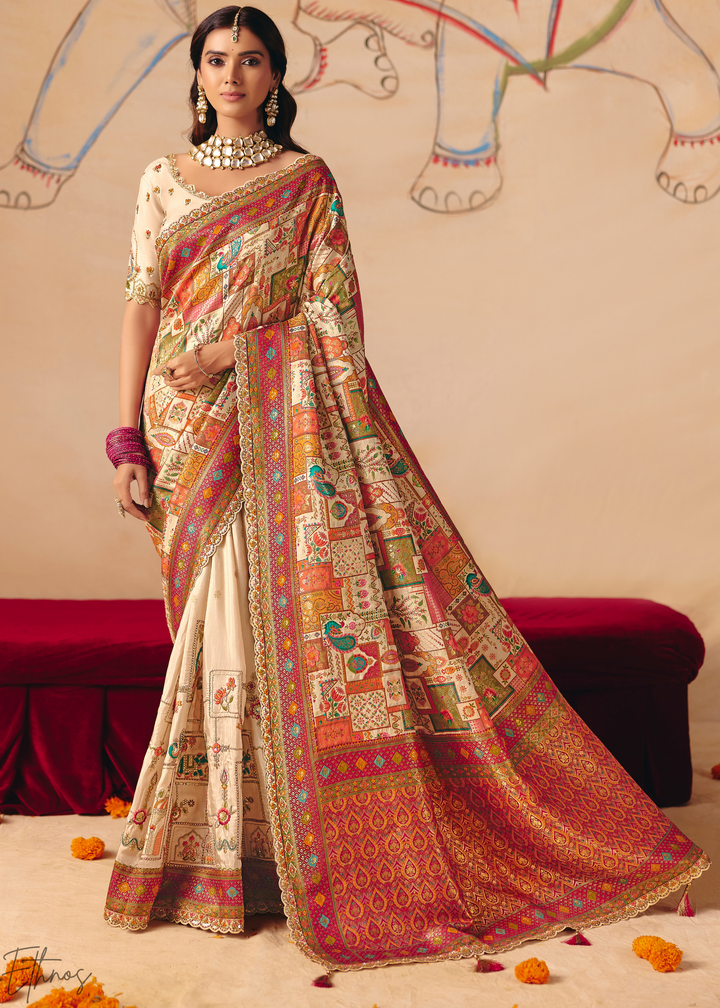 Cream Madhubani Dola Silk Saree