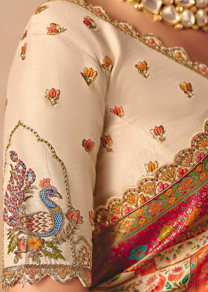 Cream Madhubani Dola Silk Saree