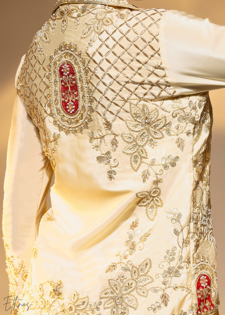 Cream Embroidered Crepe Jacket Dhoti Suit