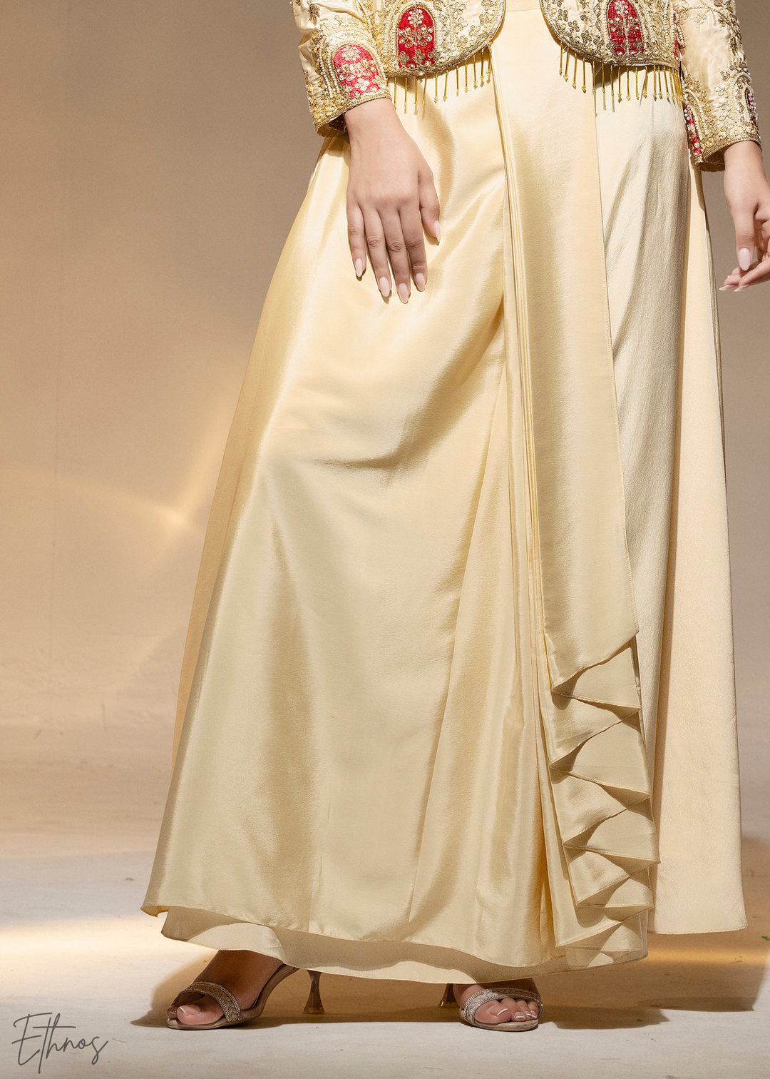 Cream Embroidered Crepe Jacket Dhoti Suit