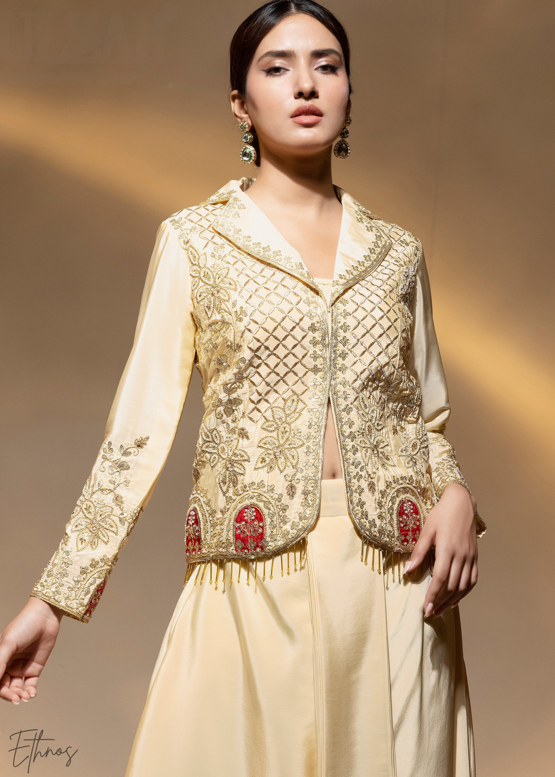 Cream Embroidered Crepe Jacket Dhoti Suit