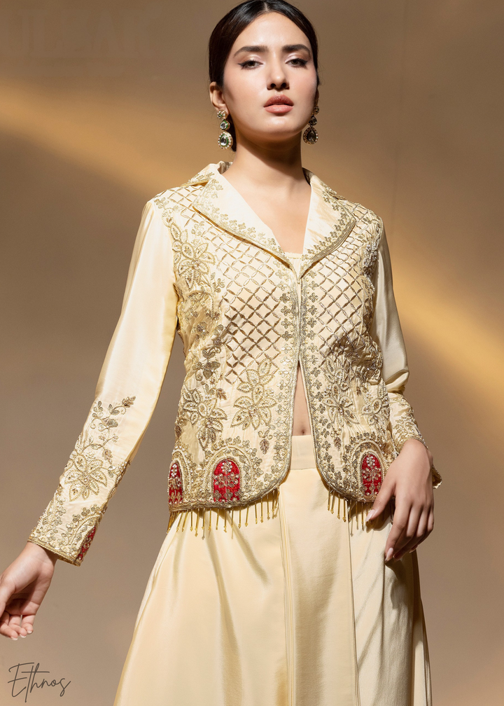 Cream Embroidered Crepe Jacket Dhoti Suit