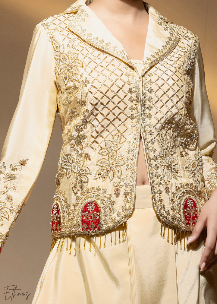 Cream Embroidered Crepe Jacket Dhoti Suit