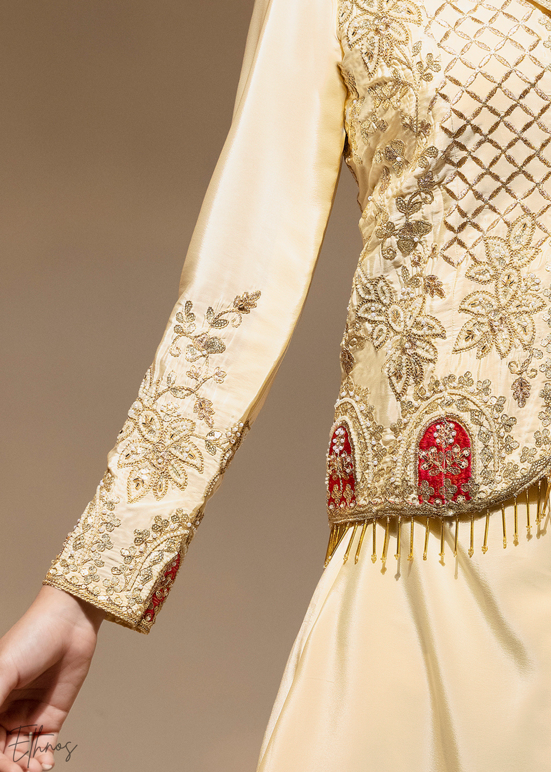 Cream Embroidered Crepe Jacket Dhoti Suit
