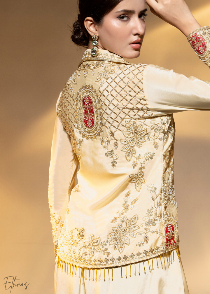 Cream Embroidered Crepe Jacket Dhoti Suit