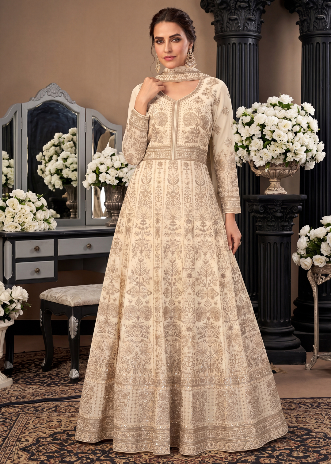 Cream Floral-Embroidered Georgette Anarkali Gown Set