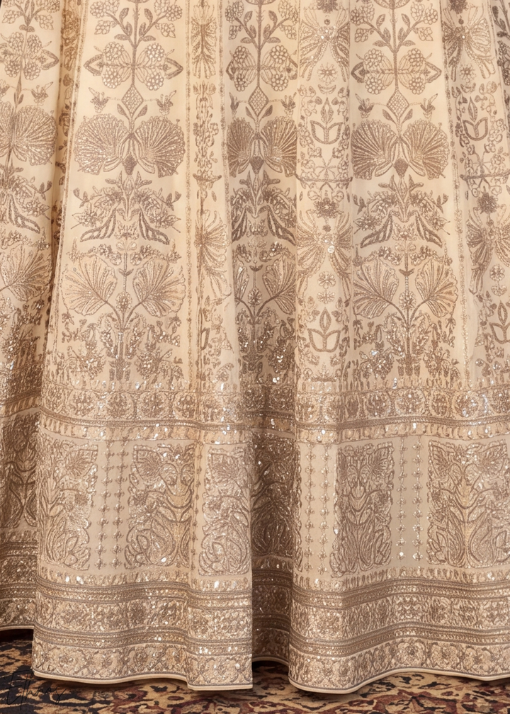 Cream Floral-Embroidered Georgette Anarkali Gown Set