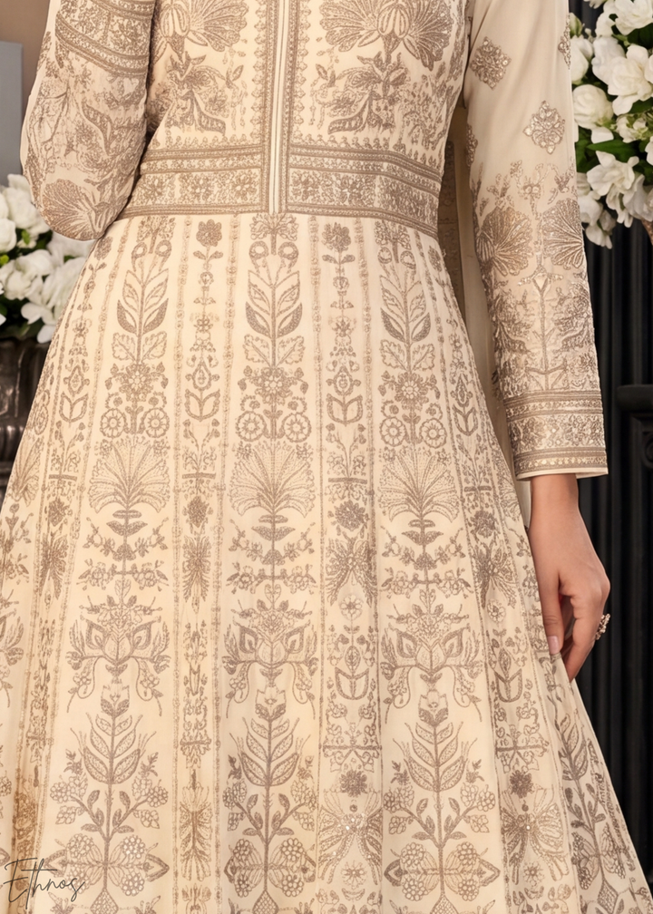 Cream Floral-Embroidered Georgette Anarkali Gown Set
