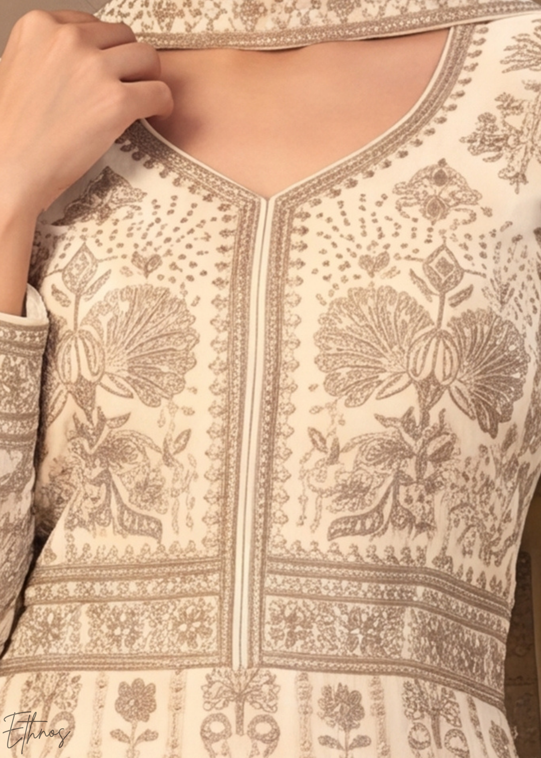 Cream Floral-Embroidered Georgette Anarkali Gown Set