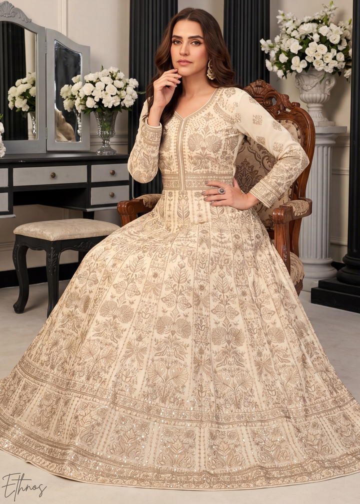 Cream Floral-Embroidered Georgette Anarkali Gown Set