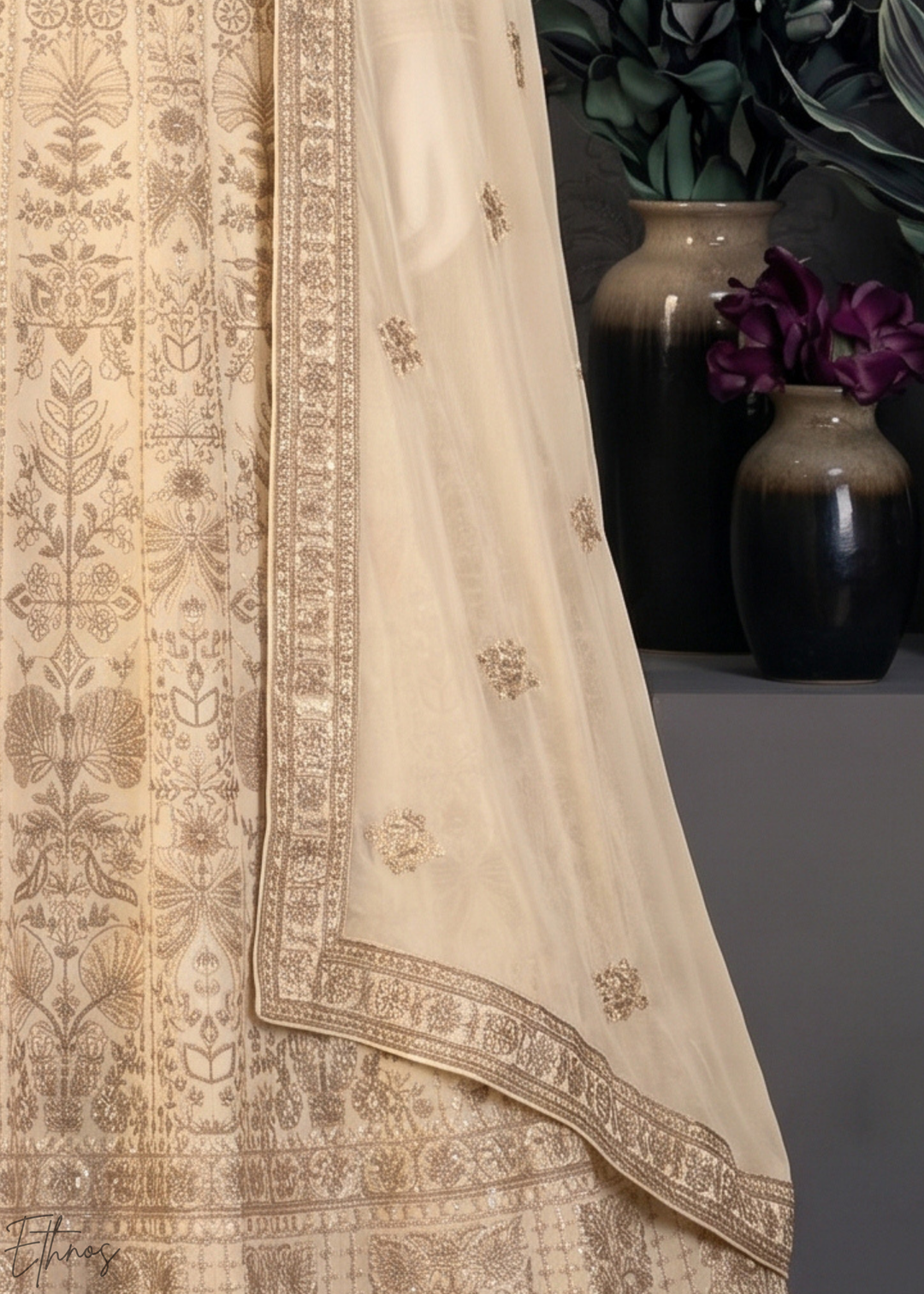 Cream Floral-Embroidered Georgette Anarkali Gown Set